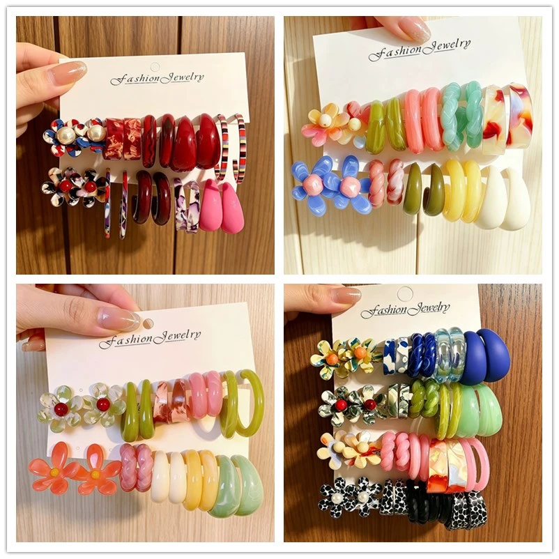 Fashion Cute Colorful Resin Flower C-Shape Earring Set Acrylic Stud Earrings for Women Trendy Vintage Daily Wear Decorations