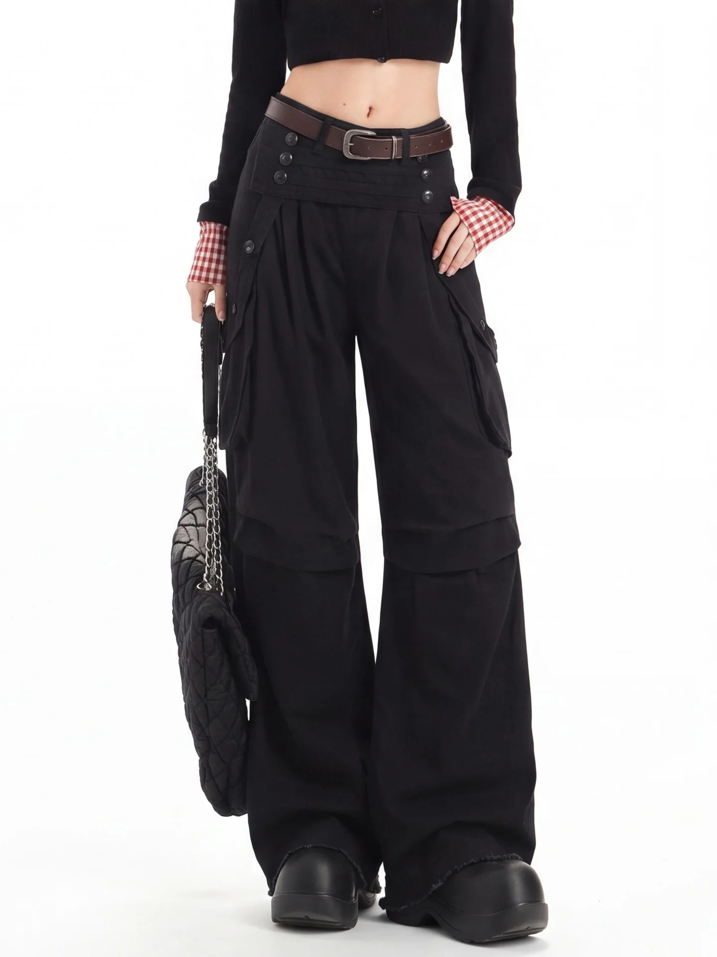 Black Wide Leg Pants Women's Loose Casual Trousers American Style Workwear Multiple Pockets Design Sensation High Waist Cotton