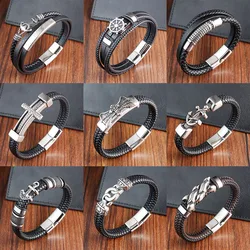 Punk Jewelry 316 Stainless Steel Cross Anchor Multi Layer Woven Leather Bracelet Men's Accessories