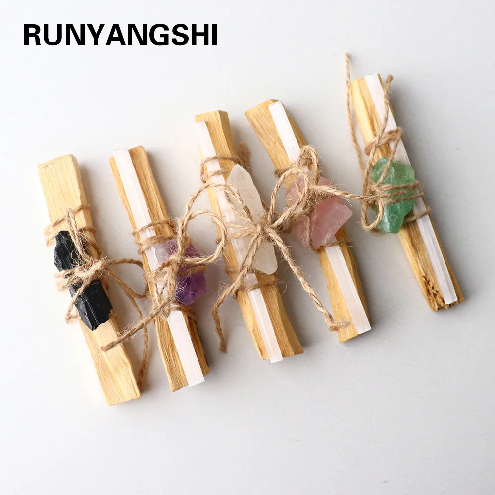 جوهرة طبيعية بيرو الخشب المقدس كريستال الحجر الخام مع السيلينيت حبل القنب ملزمة كريستال مجموعة هدايا مخصصة #1