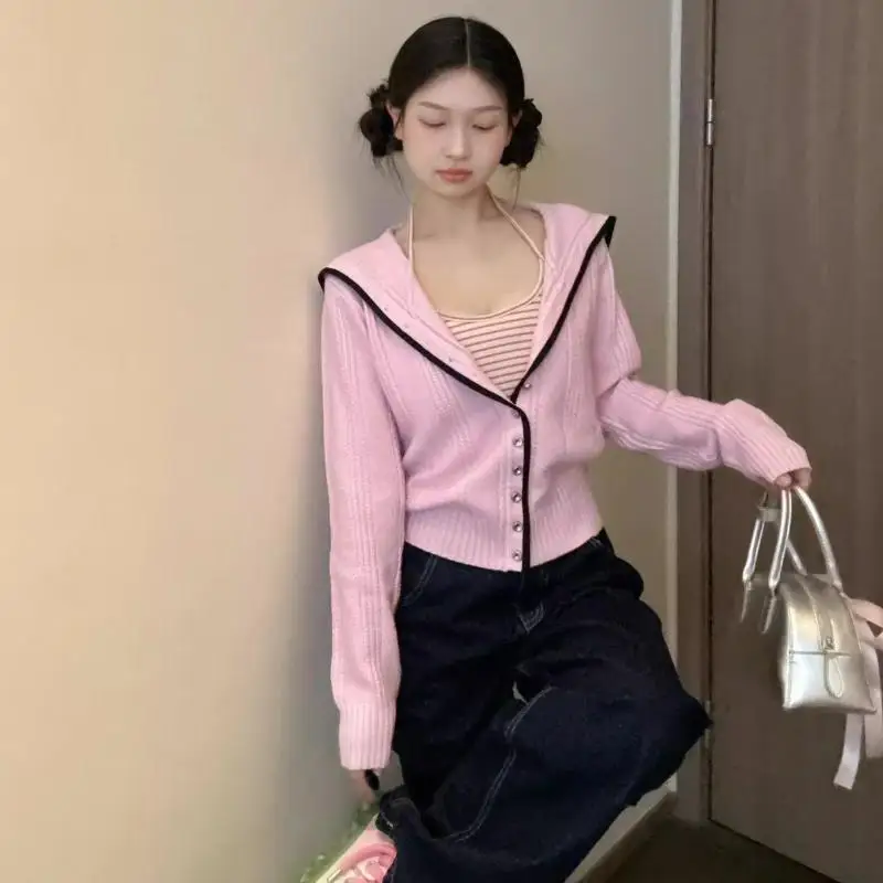 Korean Sweet Women's Navy Collar Knitted Jacket Fashionable Temperament Y2K Girls' Sweater Cardigan Youth Sweater Comfortable