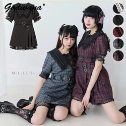 Japanese Retro Style Cute Plaid Dress Lace Edge Love Buckle Decoration V-neck Slim Short Pleated JK Dresses