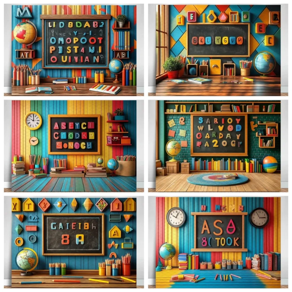 

Globe Colored Wall Classroom Decoration Photography Background, Blackboard Letter Student Return To School Photography Backdrop