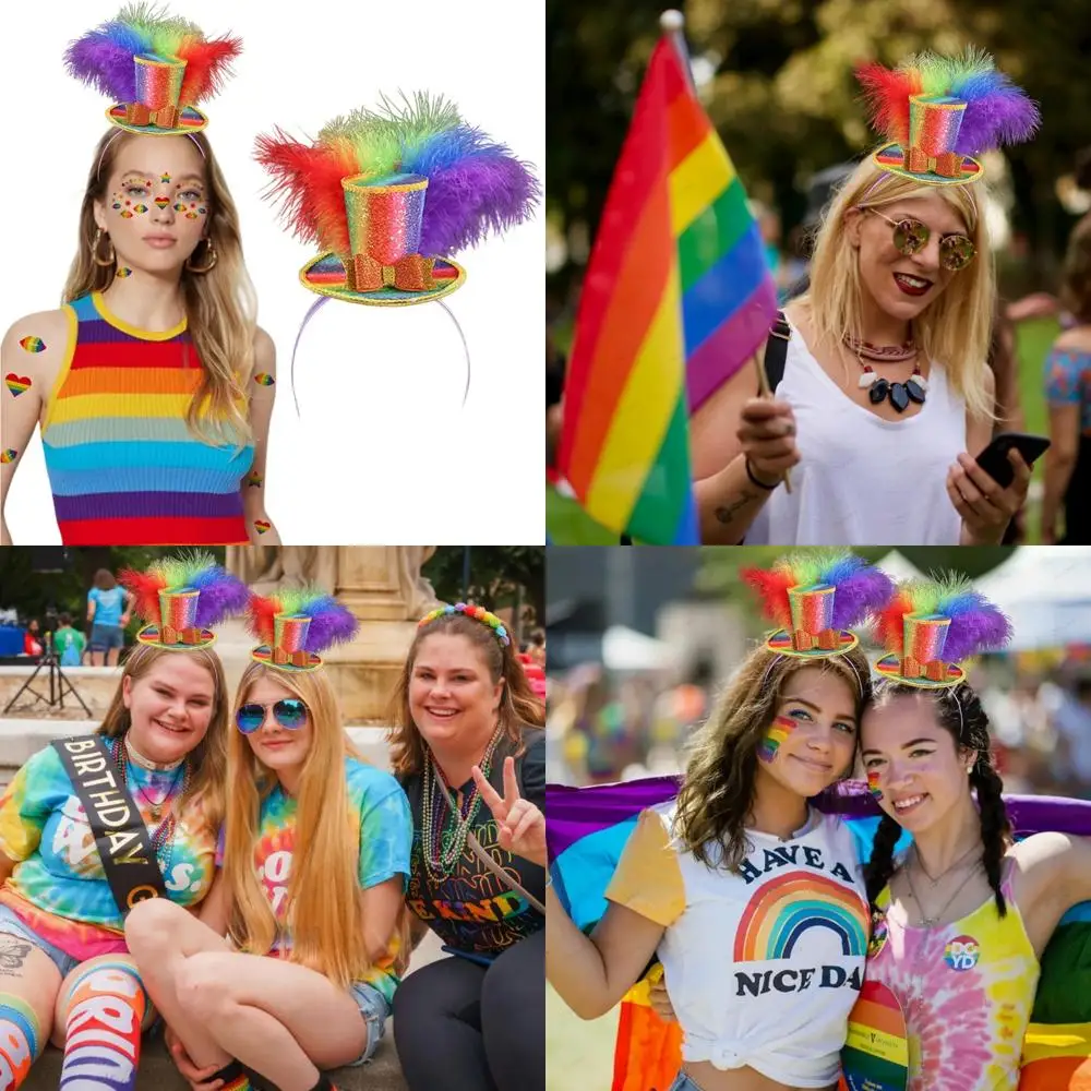 

1 шт. гордость с радужным пером и блестящим бантом, цилиндр, повязка на голову, красочная шляпа с перьями, обруч для волос, Марди Гра, ЛГБТК, гей-прайд, дневная повязка для волос