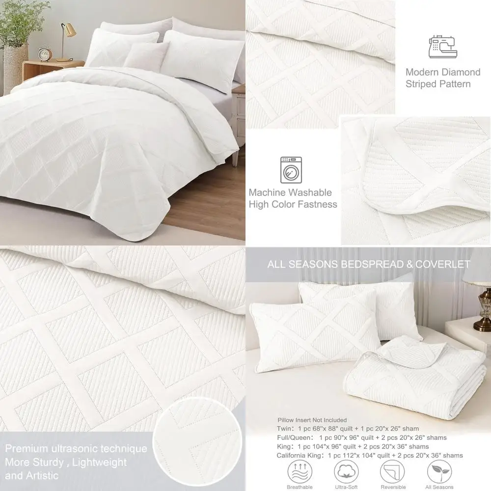 

Комплект постельного белья размера Queen: белое стеганое одеяло с 2 наволочками, легкое покрывало с полосками