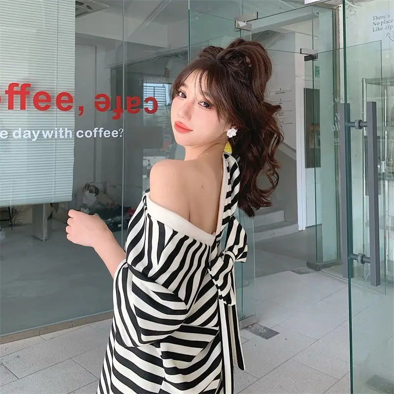 Women\'s Clothing Fashion Bow A-line Skirt Ladies Striped Pullovers 2024 New Casual Dresses O-neck T-Shirts Sweet Mini Dress