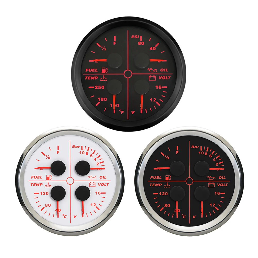 

85mm Waterproof 4 in 1 Multi-function Gauge Oil Pressure Fuel Level Water Temp Voltmeter with Red Backlight for Car Boat Yacht