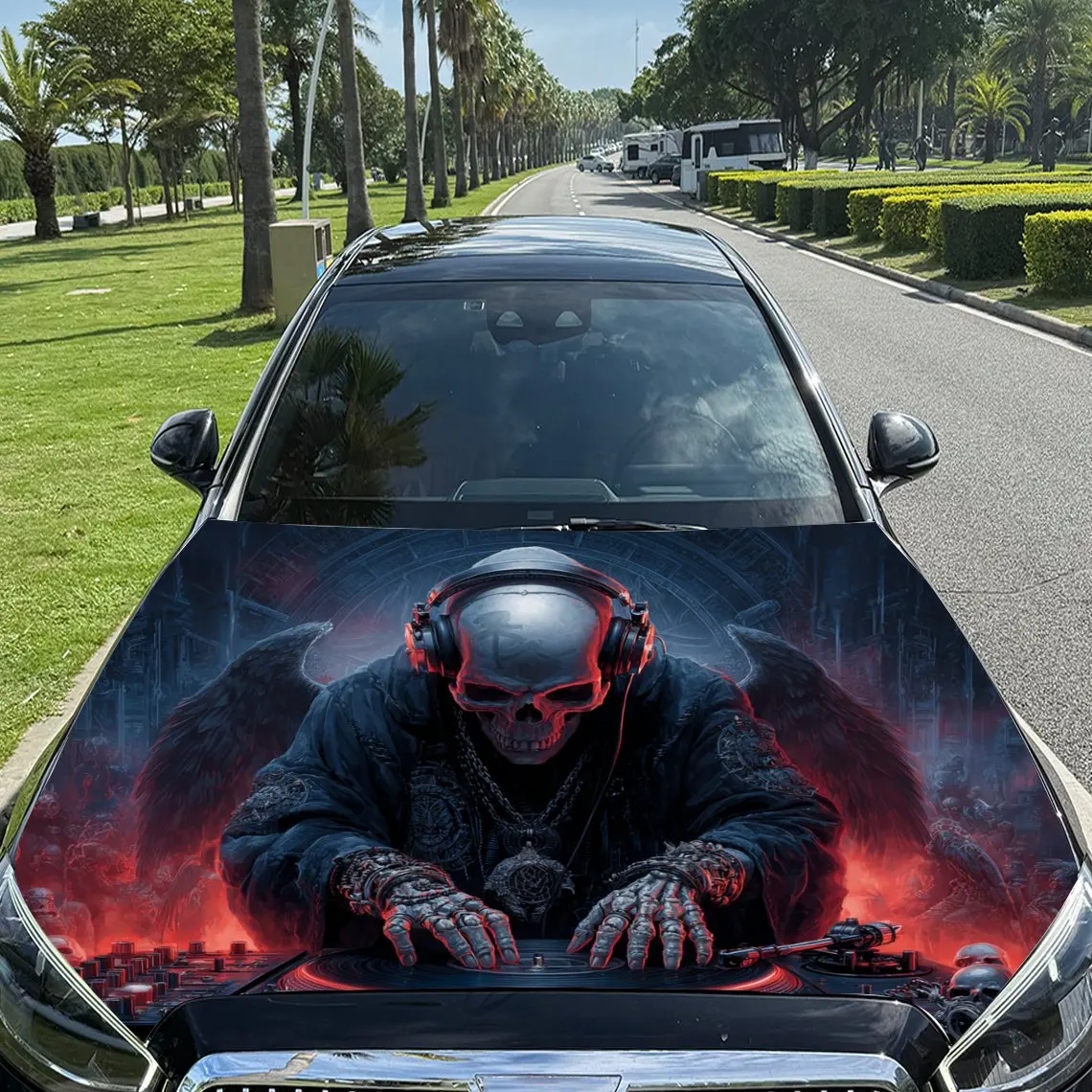 Cool Skull DJ Pattern car hood stickers, waterproof self-adhesive, scratch resistant, easy to stick, durable car PVC stickers, c