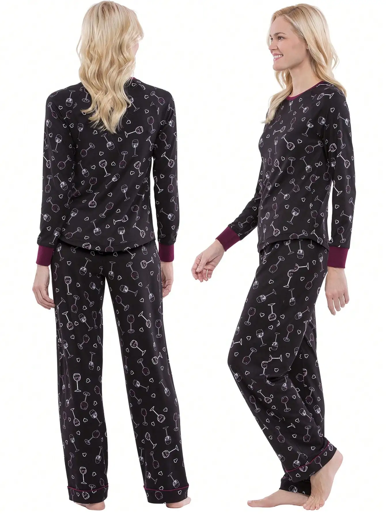 Pajamas long-sleeved long pants black wine glass pattern homewear two-piece set outside the fall and winter