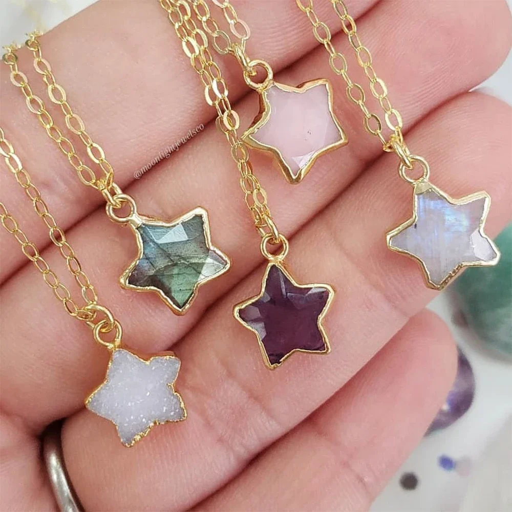 

Mini Five-pointed Star Pendant Natural Stone Charm Necklace Cute Faceted Bead Heal Reiki Rose Quartzs Amethyst Gemstones Jewelry