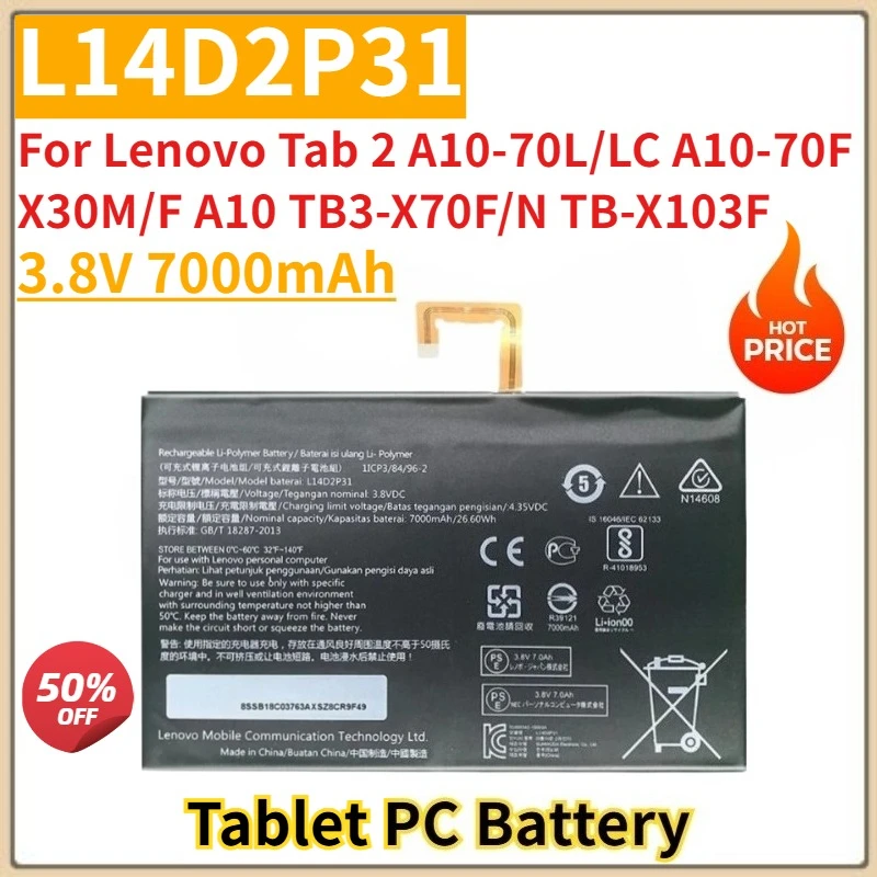 레노버 탭 2 A10-70L/LC A10-70F X30M/F A10 TB3-X70F/N TB-X103F용 태블릿 배터리 3.8V 7000mAh L14D2P31 새 제품 고품질