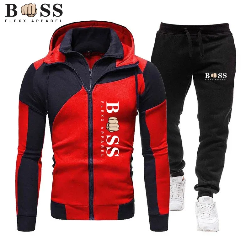 BSS FLEXX APPAREL Nowa męska kurtka z zamkiem błyskawicznym z kapturem + spodnie dresowe Sport Casual Jogging Odzież sportowa 2-częściowy zestaw dla