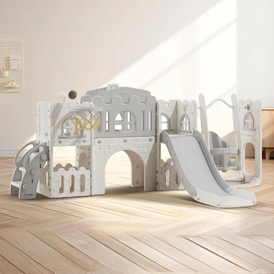 10 in 1 Toddler Slide Age 13 with Swing Basketball Hoop and Telescope Indoor Outdoor Slide Playset Toddler Playground Grey