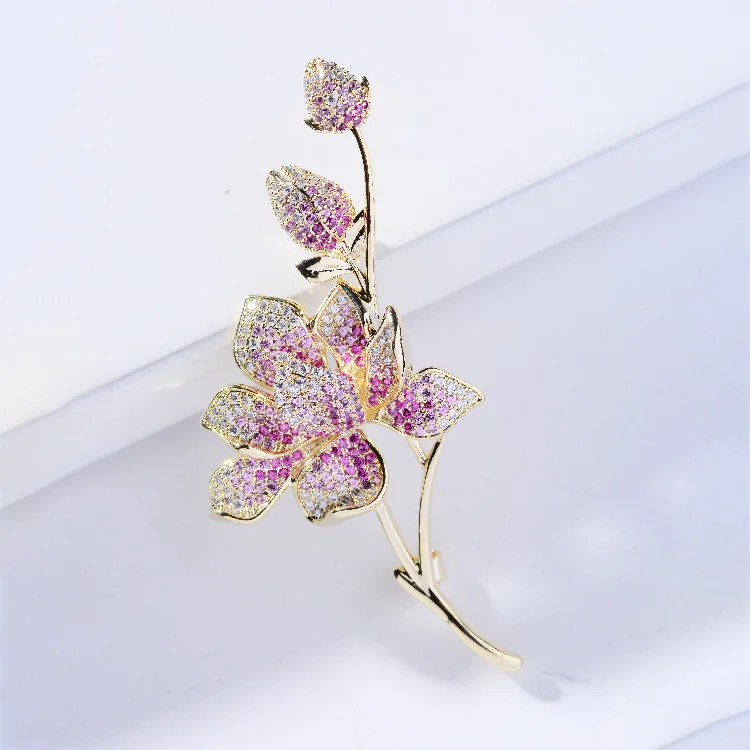 Chinese Style Elegant Peach Blossom Zircon Brooch Lucky Auspicious Blessing Good Fortune Cheongsam Lapel Pin Women Jewelry Gift