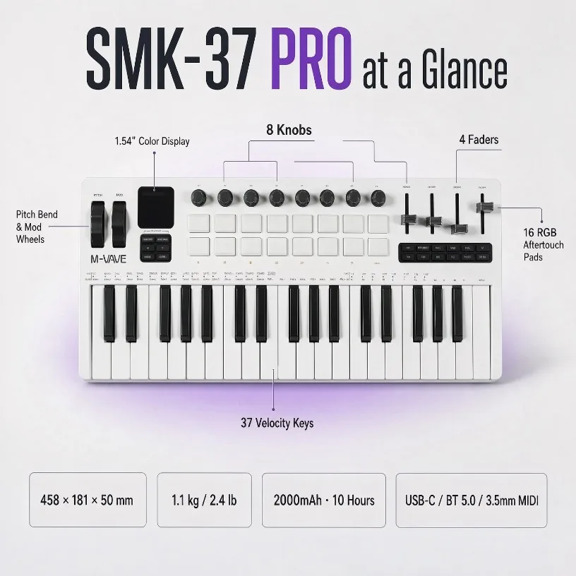 37 Key Spring Action MIDI Keyboard Velocity Sensitive FM Synth Color Display 16 Aftertouch Pads USB Audio Wireless Portable