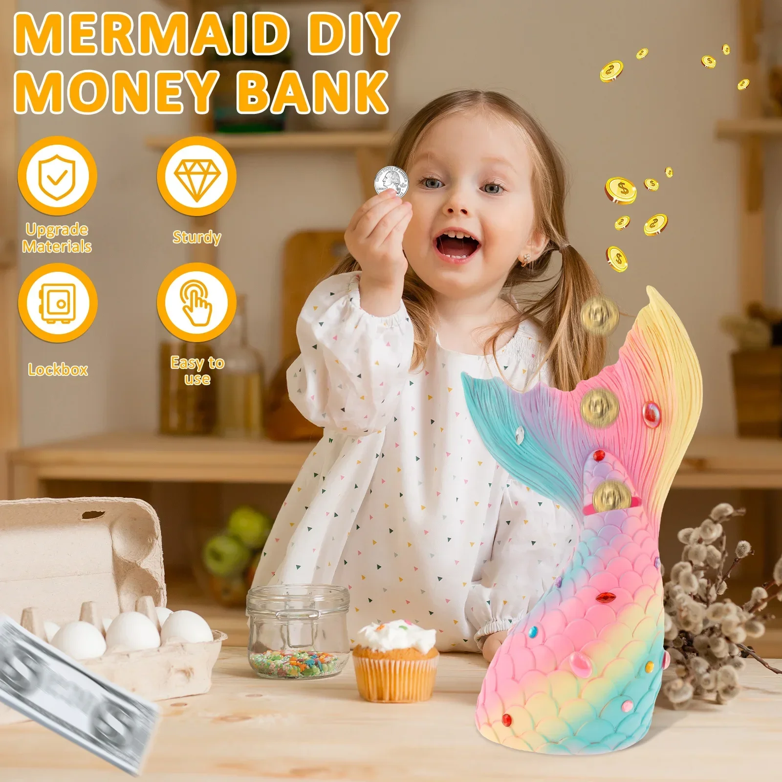 Piggy Bank with DIY Stickers Unbreakable Coin Bank Mermaid Money Bank Decorative Kids saving Piggy Bank Reusable Cute  Safe box