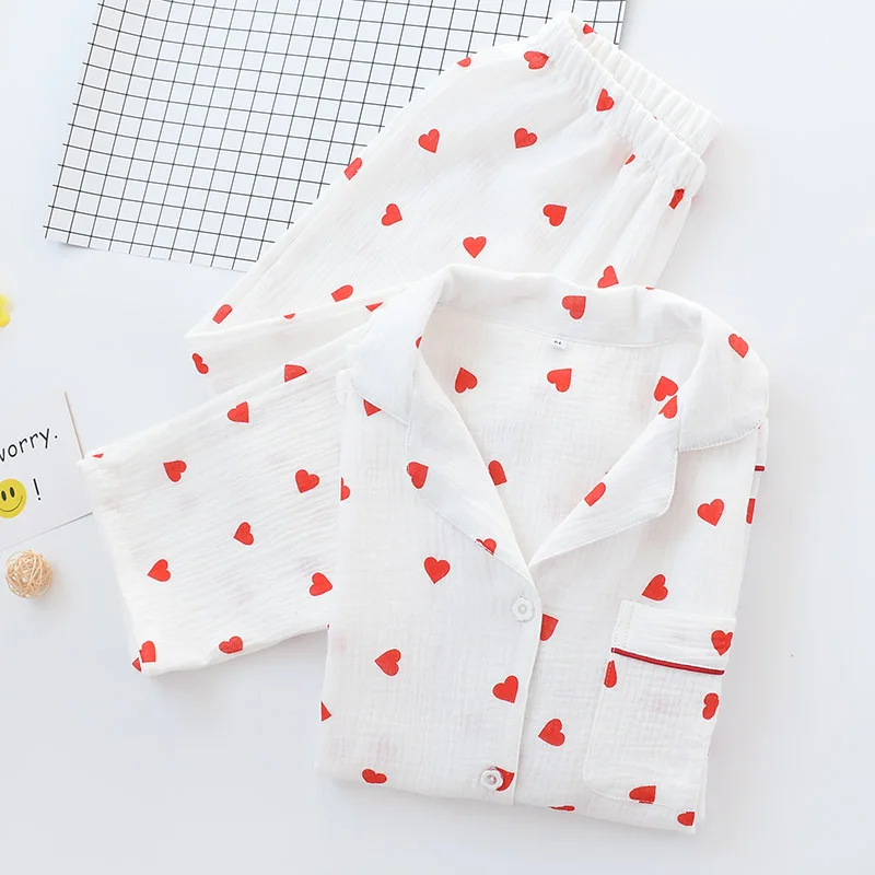 2PCS Heart Print Pajamas Suit Womens Spring Autumn Nightwear Turn Down Collar Shirt Pant Fashion Ladies Sleepwear Loose Casual