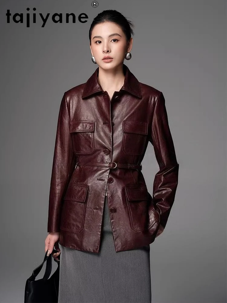 TAJIYANE Prawdziwa Skóra Owcza Olejowana Woskiem Kurtki Skórzane Czerwone Płaszcze Średniej Długości Dopasowane Kurtki Skórzane dla Kobiet Jesień 2025 Odzież шуба