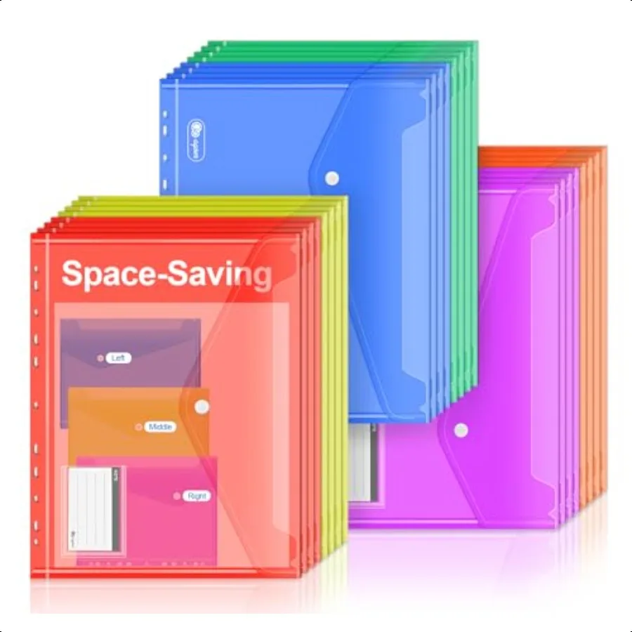 

Plastic Wallets A4 24 Pcs Saving Space Punched Pockets A4 with Snap Button 6 Colours Document Folder with Label Pocket 11 Hole