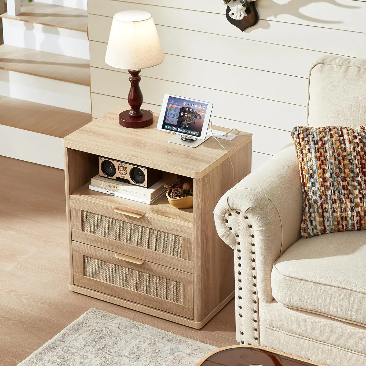 Rattan 23" Nightstands with Charger Station 2 Drawers