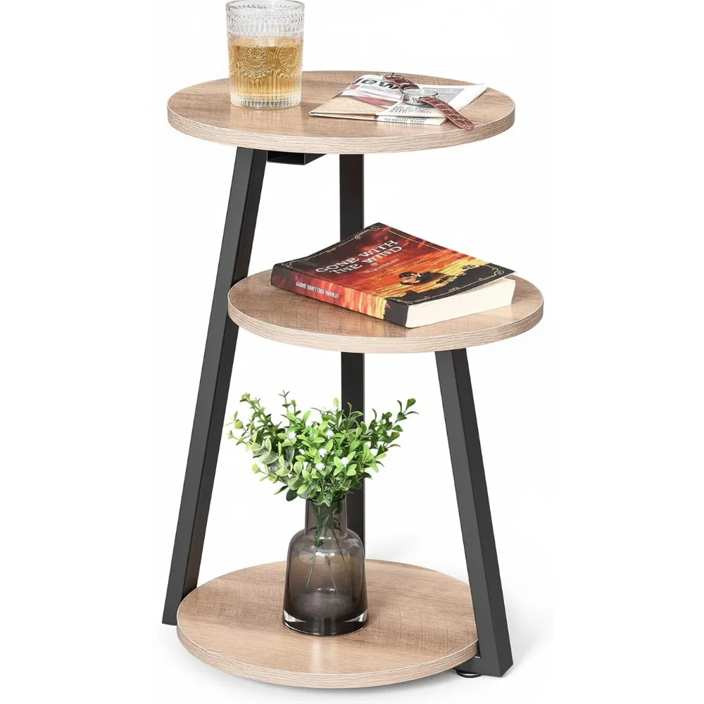 

Round End Table with 3-Tier Shelves, Metal Frame Accent Table for Living Room Bedroom Nightstand