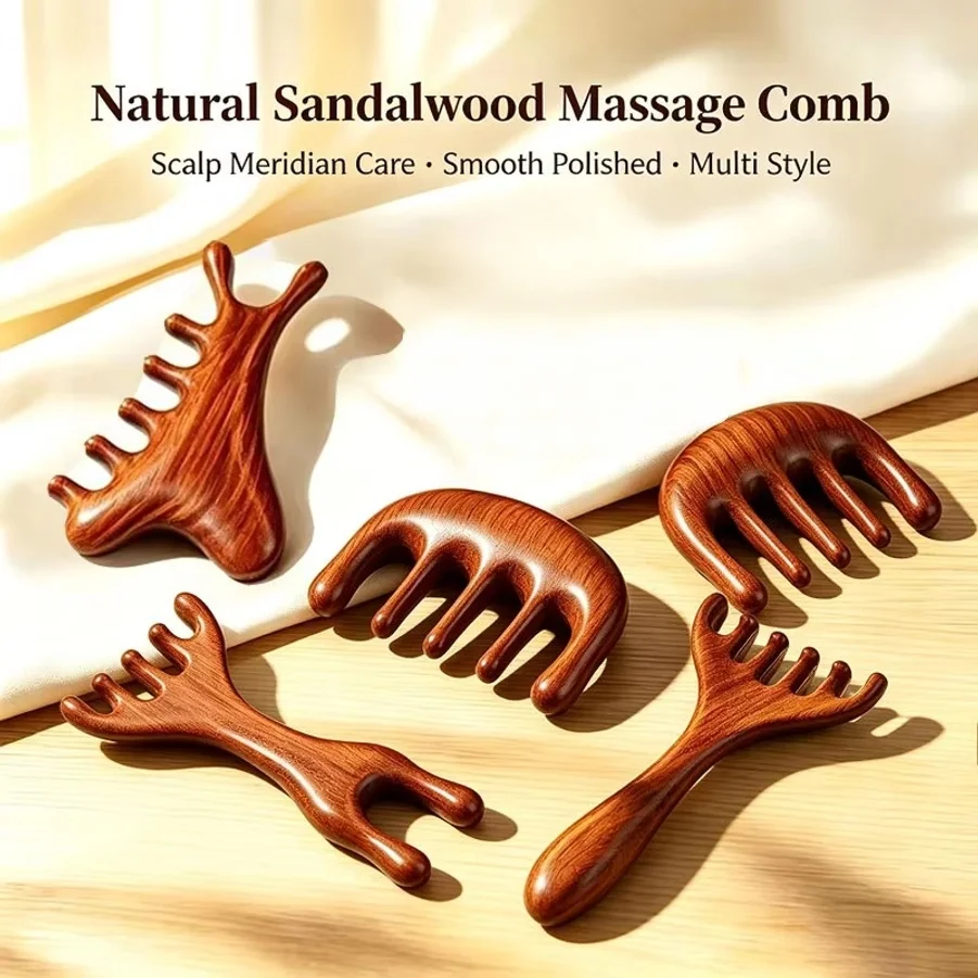 5-piece sandalwood massage comb set, head meridian massager, anti-static wooden comb gua sha tool, full body massage