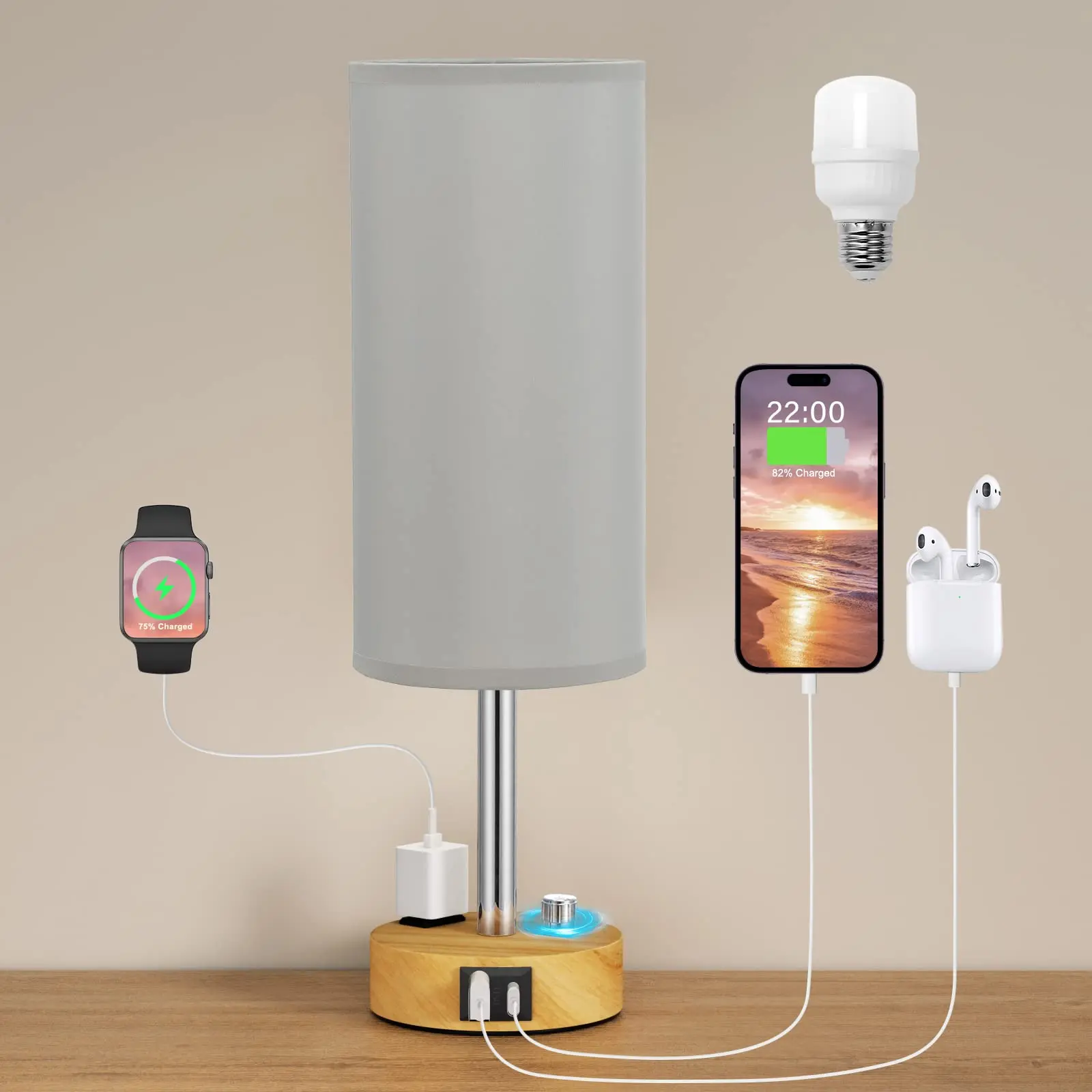 

USB Rechargeable Lamp Stepless Dimmable Bedside Lamps with USB C and A Ports Wood Base Round Lampshade for Desk, Office,Dorm