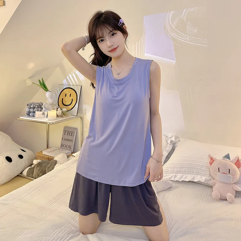 

Pajamas Set Women's Summer Vest Shorts Casual Loose Sleeveless Solid Color Home Clothing Sports 2-Piece Set Nightgowns New Woman