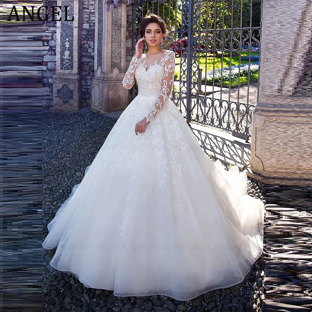 ANGEL فستان زفاف فاخر للعروس 2025 مخصص على شكل حرف a مغرفة دانتيل زينة الوهم زي العرائس ذيل Vestidos De Novia