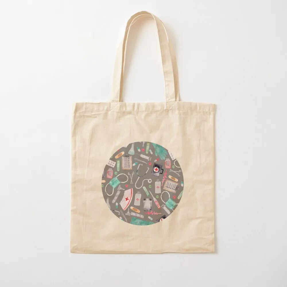 Medical Pattern Doctor Nurse Watercolor Grey Texture Tote Bag Fabric bag Canvas bag hand ladies