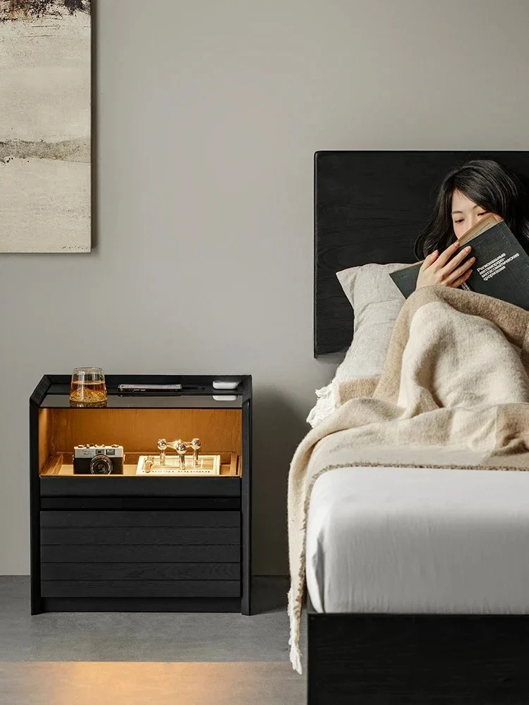 ss CSmart bedside table Wireless charging Home bedroom Bedside solid wood locker Black cabinet with light