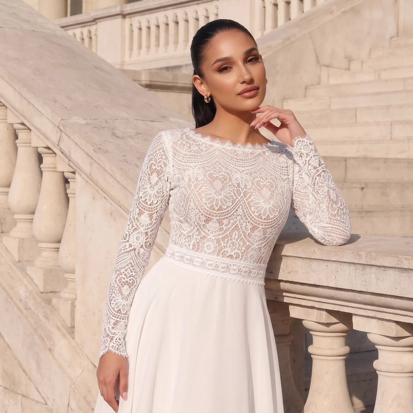 Sheer Fairy Bohemian Flowy Wedding Dress Long Lace Sleeve Chiffon A Line Women' s Elegant Sequined Bridal Gowns SW714 Customized