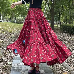 Muslim Women Skirt Flower Print A Line Sweet Arabic Morocco Saudi Female Casual Islam Dubai High Waist Lace Up Long Skirts