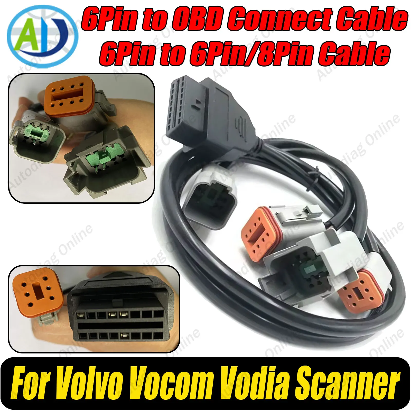 6Pin to OBD2 Adapter Marine Engine Diagnostic Connector for Volvo Vocom Vodia Scanner Tool for vodia 5 Truck Industrial Cable