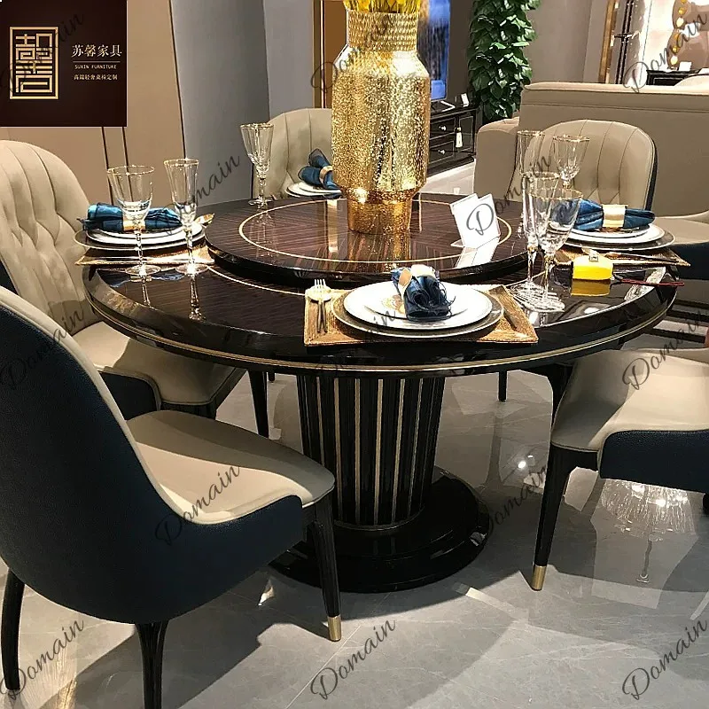 Italian Round Dining Table Modern Minimalist Luxury Dining Chair Set Solid Wood Table with Lazy Susan Home Genuine Leather