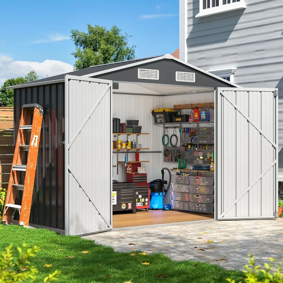 سقيفة تخزين خارجية مقاس 7.6 × 5.5 قدم مع هيكل إطار مطور وأبواب قابلة للقفل مثالية لتنظيم الحديقة في الفناء الخلفي والحديقة #1
