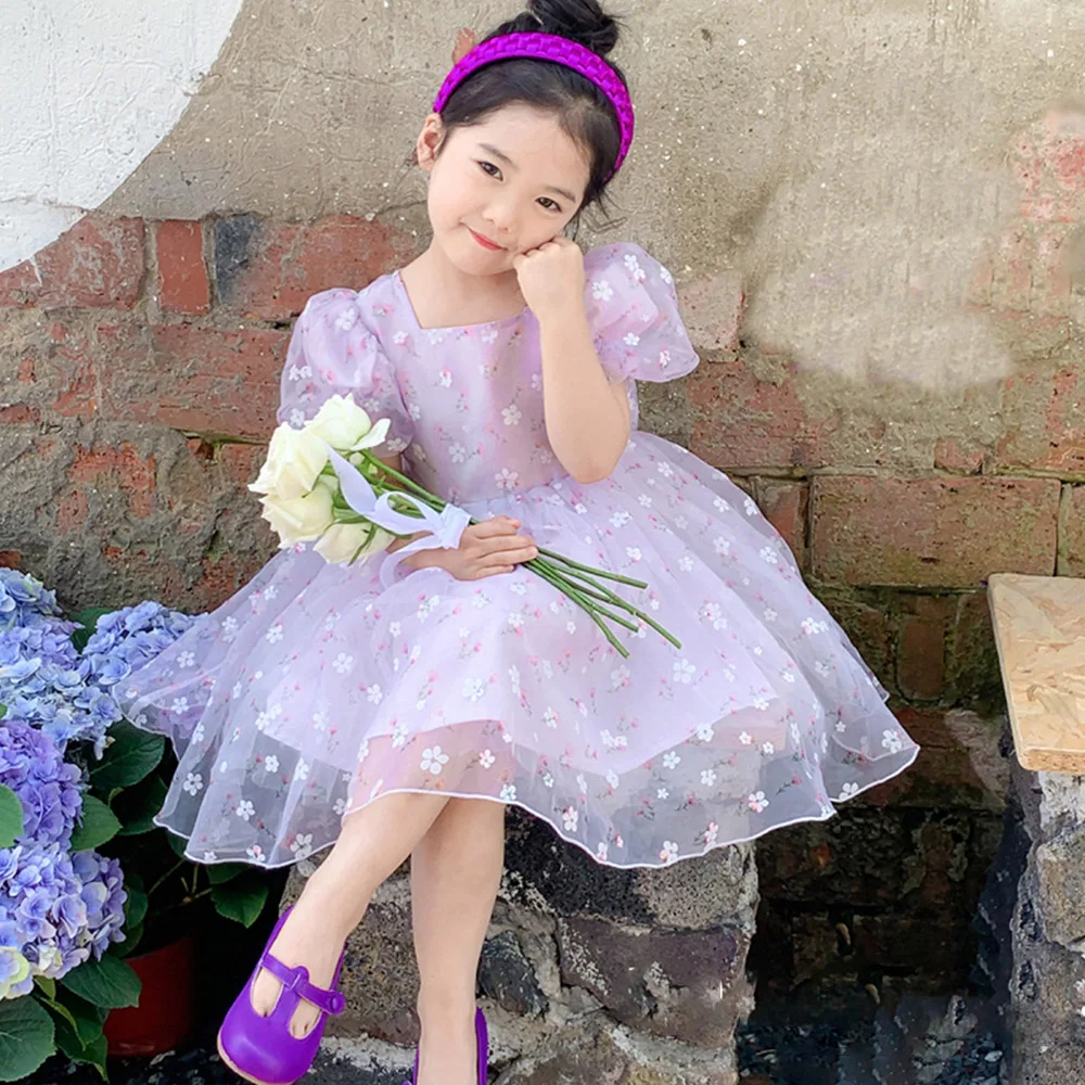 Summer Floral Tulle Kids Girls Dress 2022 New Sweet Puff Sleeve Square Collar Gauze Princess Dresses Girl Ball Gown for Party