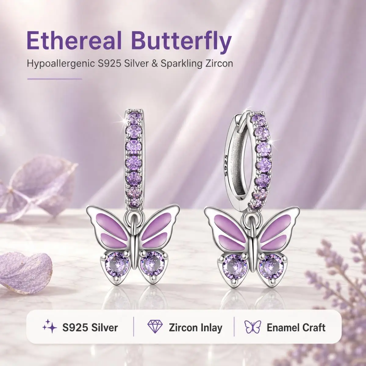 MISEFF S925 Sterling Silver Exquisite Insect Blue Purple Butterfly Earrings Women Fashion Fine Jewelry Birthday Party Gifts