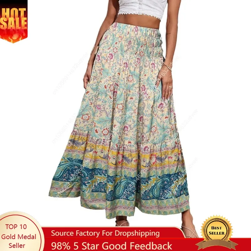 

Women's 2025 Bohemian Long Skirts Flowy High Waist A Line Maxi Skirts for Women Summer Pleated Mini Skirts