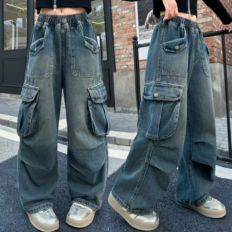 2026 Hot Sale Wide Leg Trousers Teenage Girls Jeans with Big Pocket Four Seasons High Waist Fashion Blue Cargo Denim Pants