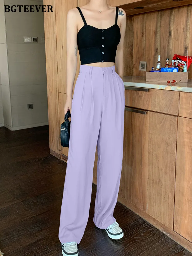 BGTEEVER Sommer Gerade Hosen für Frauen Hohe Taille Einzigen Taste Lose Weibliche Breite Bein Hosen Solide Damen Anzug Hosen