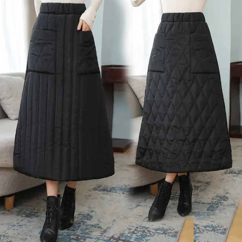 Autumn and Winter New Down Feather Cotton Half Body Skirt, Women's Solid Color Elastic-waisted High-waist Half Body Long Skirt