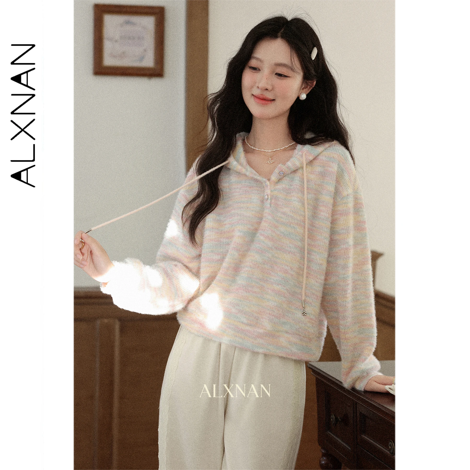 

ALXNAN Women's Hoodies Striped Loose-fit Button Knitted Sweatshirt Drawstring Hooded Autumn New Casual Commuting Pullover L57118