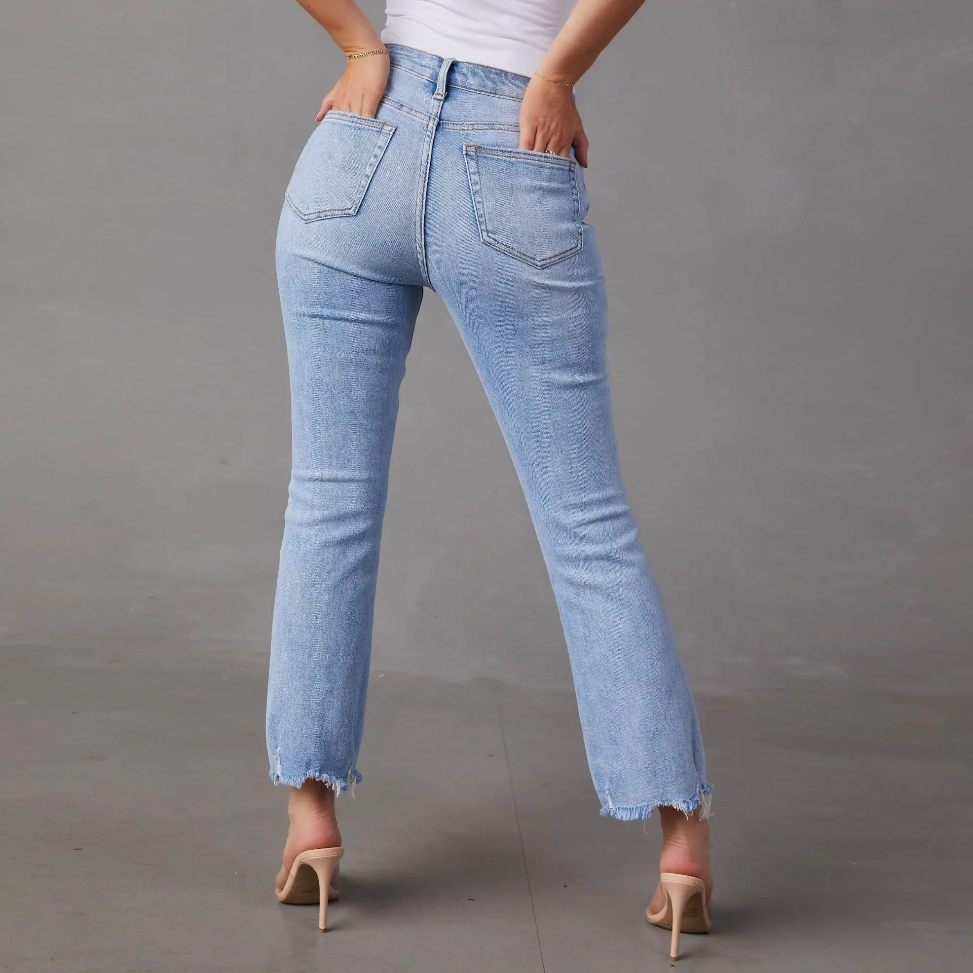 Nieuwe dames stretch slim fit lichtblauw hoge kwaliteit jeans hoge taille casual dame vrouwelijke rechte denim broek