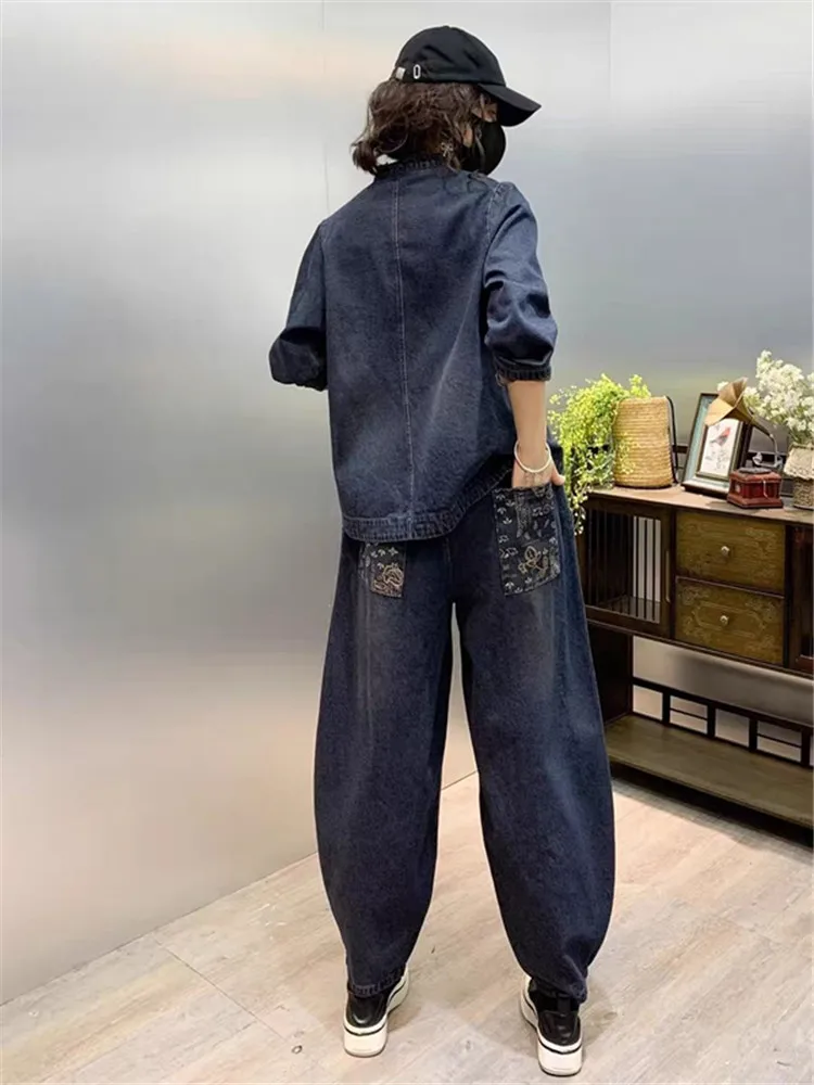 Retro Button allentato stile nazionale ricamo fiore Denim moda vestito Versatile donna due pezzi Set 2024 primavera autunno nuovo