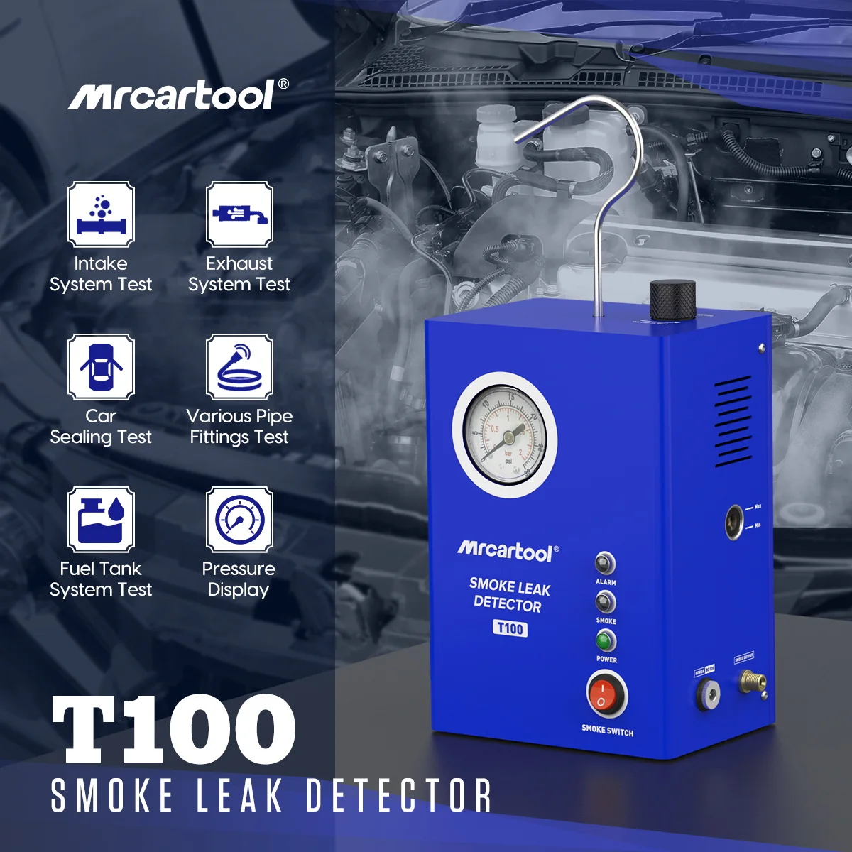 Mrcartool T100 Автомобильный локатор утечки дымовой трубы со встроенным насосом, анализатор утечки дыма, детектор, диагностический инструмент, pk AUTOOL SDT60