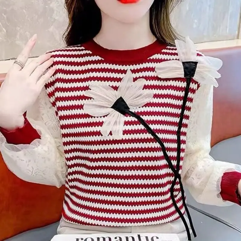 Spring Autumn Round Neck Gauze Women\'s Pullover Striped Lantern Long Sleeve Tie Flowers Sweater Knitted Casual Commute Tops