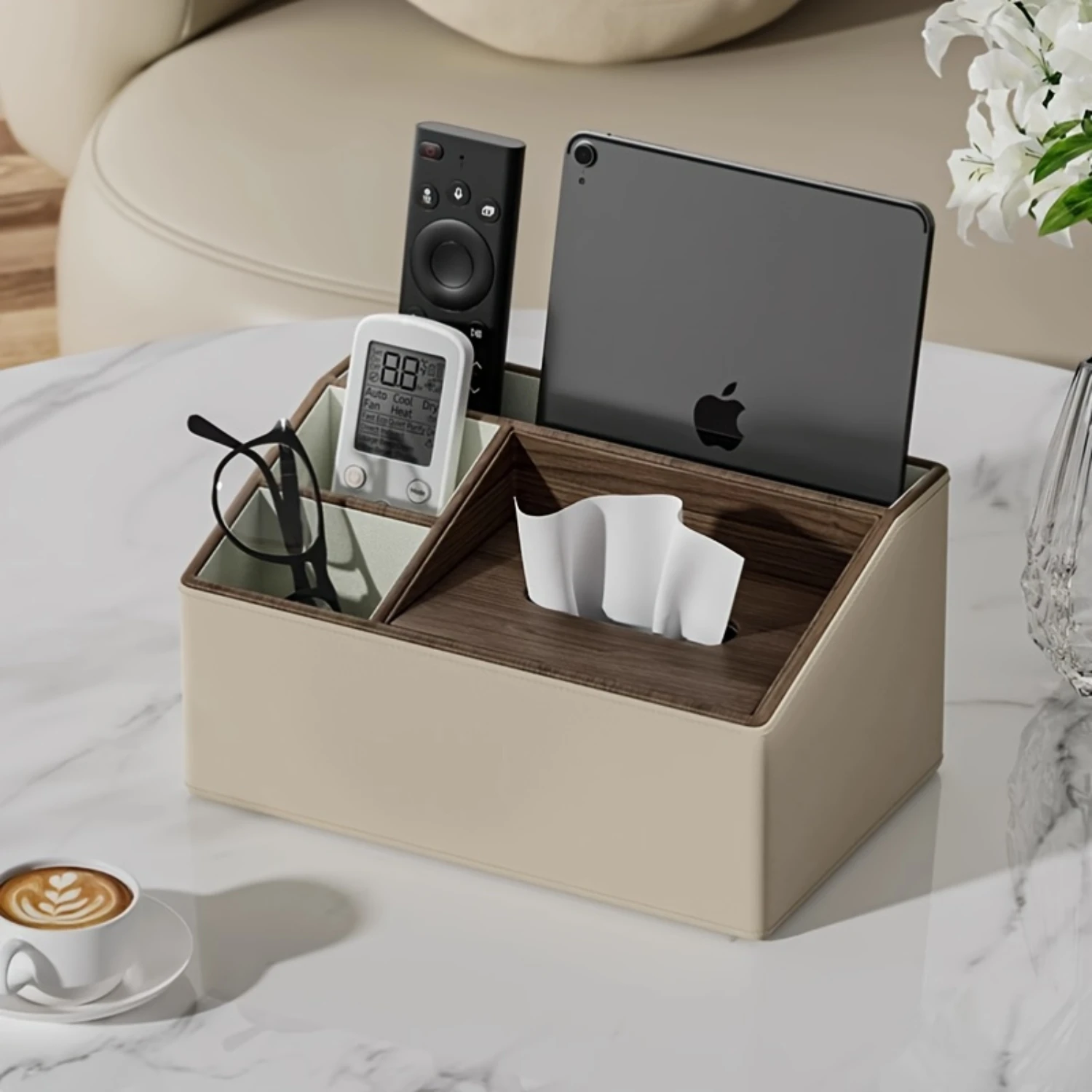 PU Leather Tissue Box Organizer with  Control Holder for Office, Bedroom, Living Room and Dining Room Desk