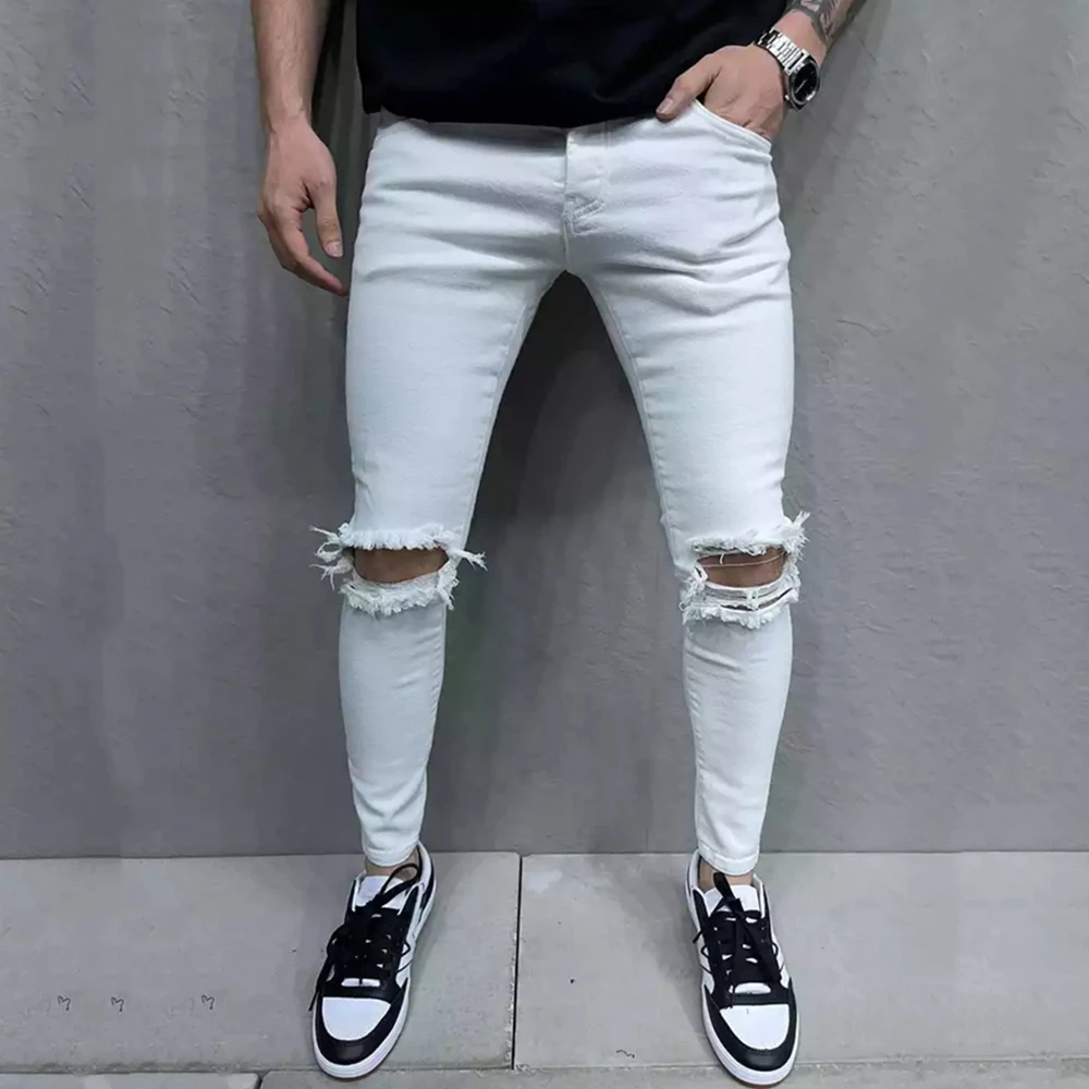 Men New Stylish Streetwear Holes Skinny Jeans Trousers Male Distressed Ripped Cotton Stretch Slim Denim Pants