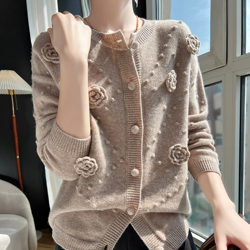 Camellia wool cashmere sweater knit cardigan women\'s round neck autumn and winter 2023 new drum loose pure wool top Hot fashion